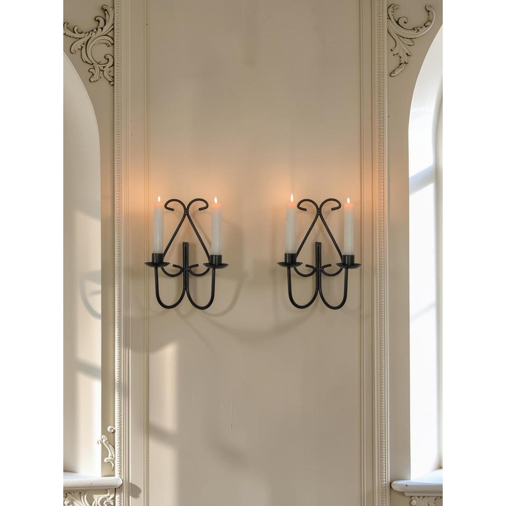 Set of 2 - Vintage Black Iron Wall Sconces - Pair of Candle Holders